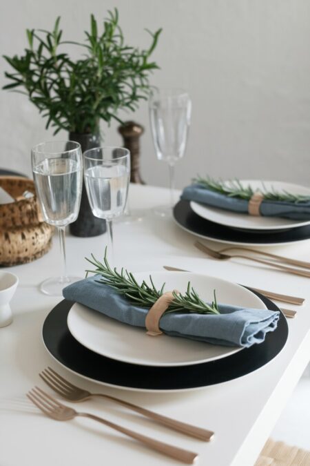 rosemary sprigs in the tied napkins as summer table decor