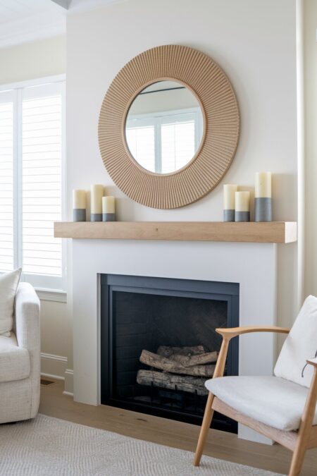 round mirror with a light wood frame and pillar candles as summer mantel decor