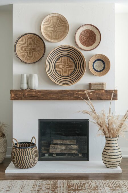 seagrass wall baskets above the mantel as boho style summer mantel decor