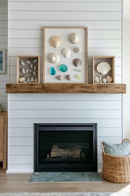 shadow boxes with shells, sea glass, and stones as summer mantel decor