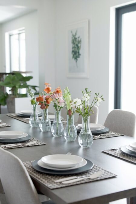 small glass bud vases with wildflowers placed in a row as summer table decor