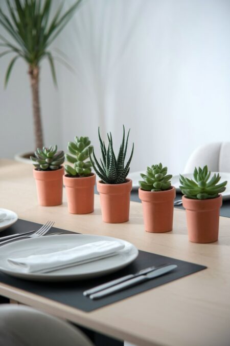 small terracotta pots with succulents as summer table decor