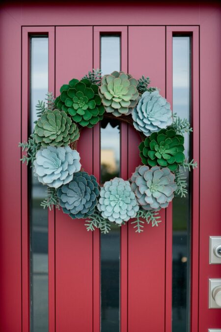 succulent summer wreath on the modern red front door