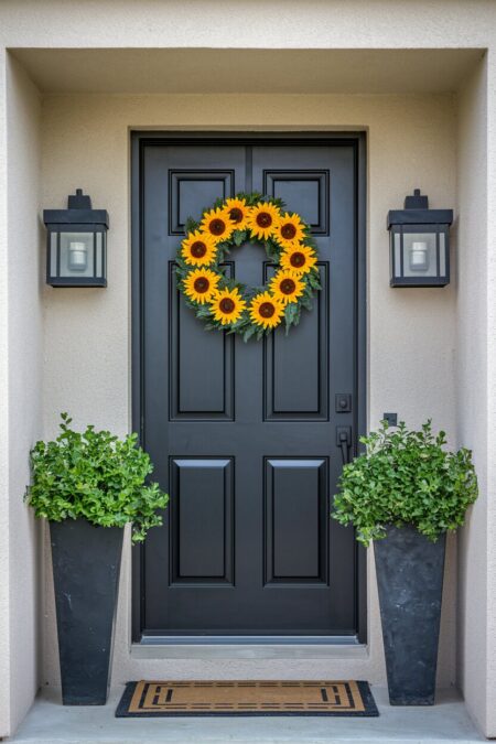 sunflower summer wreath on the black front door