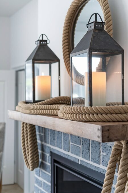 thick manila rope and large metal lanterns as summer mantel decor