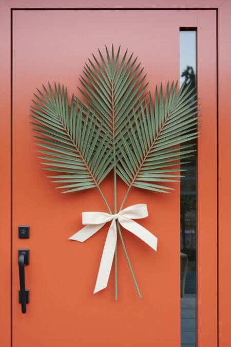 three large faux palm leaves tied with a white ribbon on the orange front door as summer decor