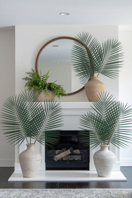 tropical palm fronds in floor vases as summer mantel decor and hearth decor
