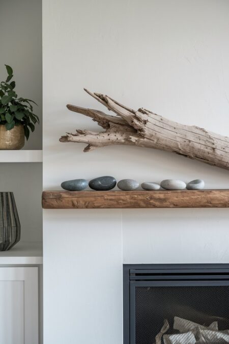 weathered driftwood and river stones as summer mantel decor