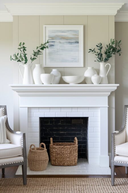 white ceramic collection as summer mantel decor