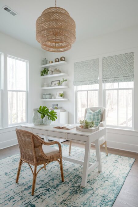 white home office with summer decor in mint green hues