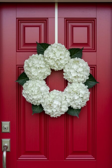 white hydrangea summer wreath on the red front door