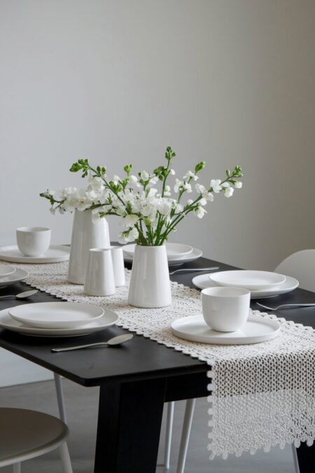 white lace table runner, white ceramics, and white flowers as monochromatic summer table decor