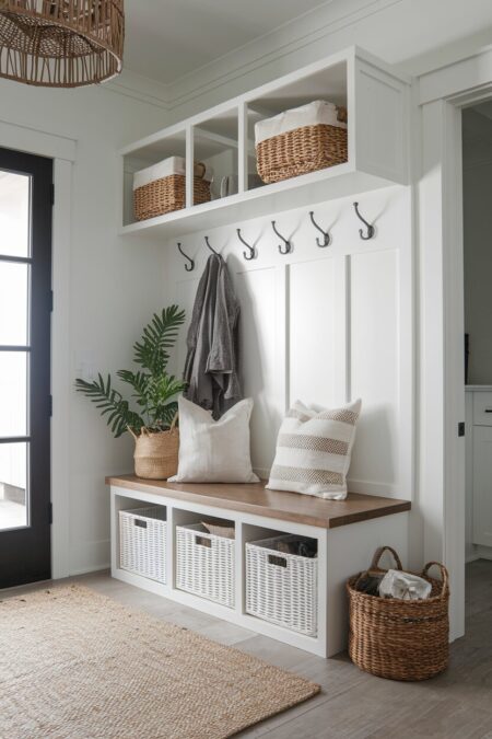 white wicker baskets under bench as summer entryway decor