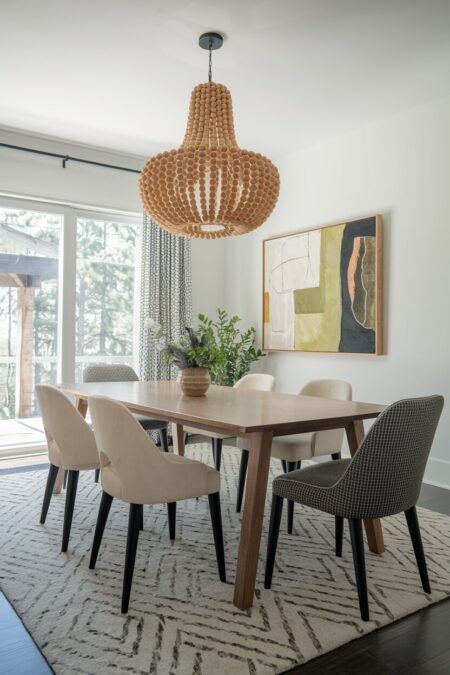 wood bead chandelier as summer dining room decor