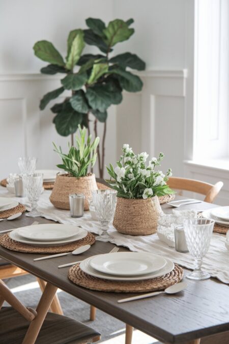 wrinkled linen table runner and greenery in seagrass pots as summer table decor