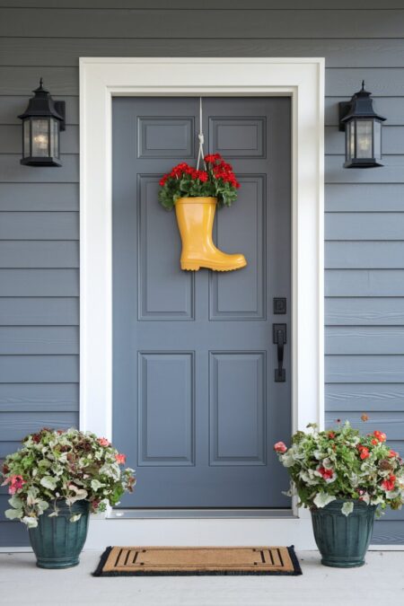 yellow rain boot with geraniums inside on the gray front door as summer decor