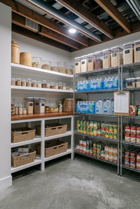 basement prepper pantry with dedicated wire shelving for canned goods