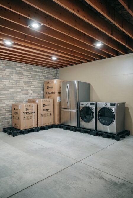 basement with black plastic pallets used as floor risers for storing large, heavy items (appliances)