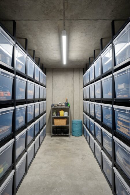 basement with clear weathertight polypropylene totes used for storage on the shelving units