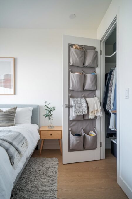 bedroom with an over-the-door organizer used for blanket storage
