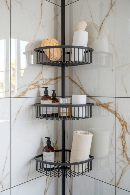 black tiered corner tension pole in the bathroom