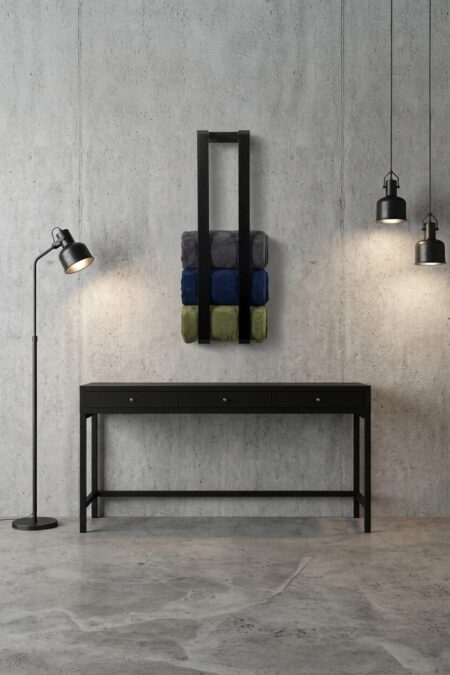 black wall mounted industrial rack, blanket storage