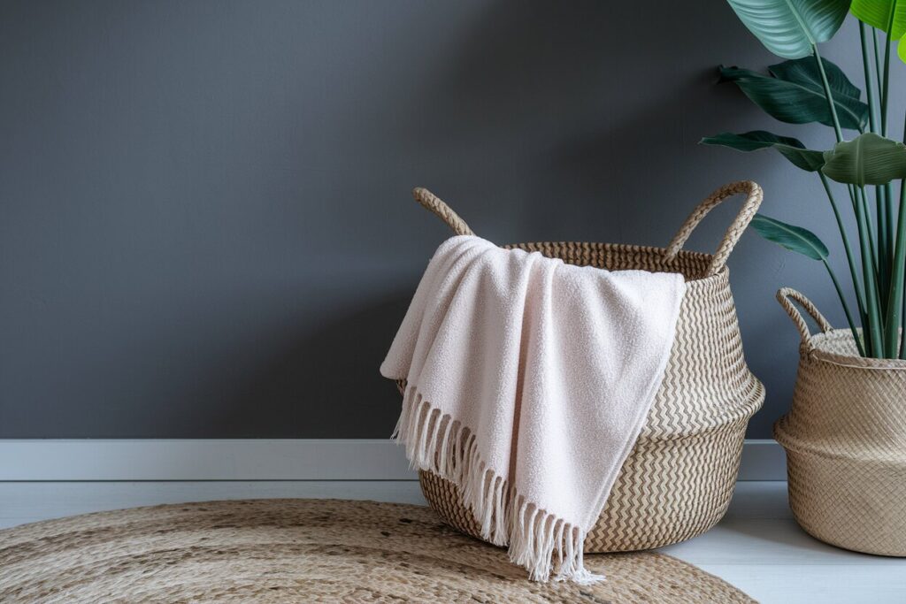 Blanket storage ideas. Light-colored throw blanket in the woven floor basket, gray wall