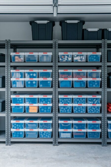 clear plastic bins with latching lids used for garage storage