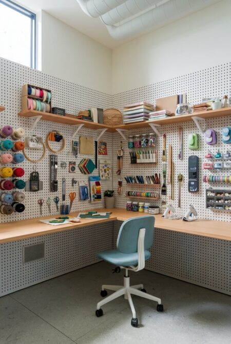 corner pegboard system with craft supplies