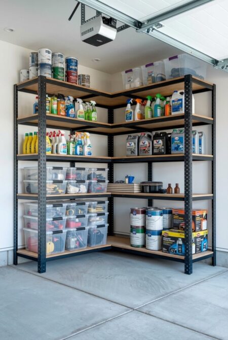 corner shelving unit with a black metal frame in the garage