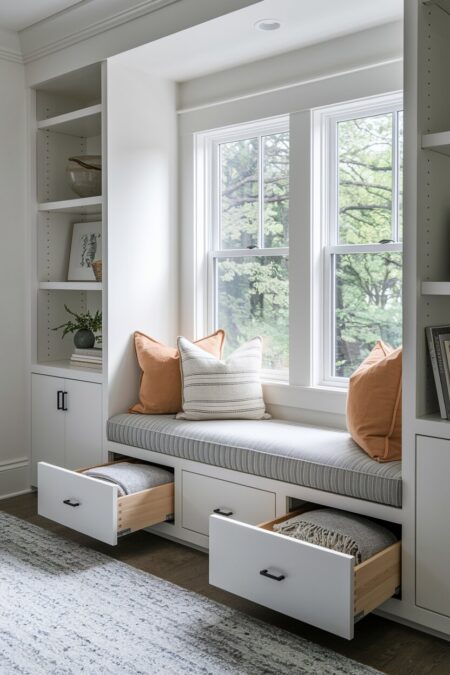 custom built-in window seat with drawers for blanket storage