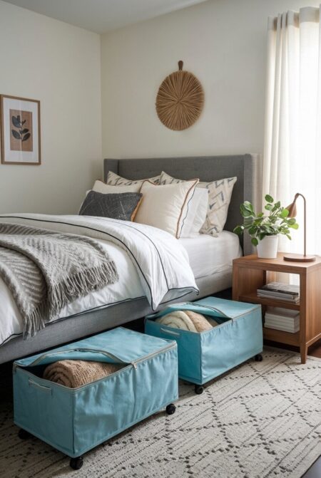 fabric under bed rolling bins with blankets inside