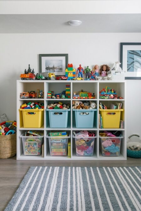 finished basement that doubles as a playroom with a cubby storage unit for toys with plastic bins