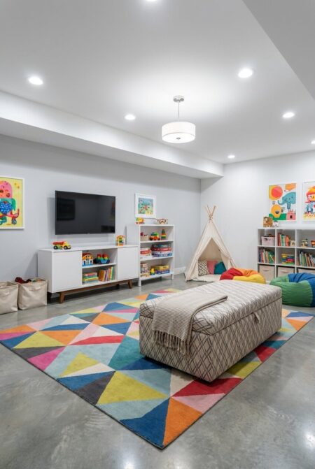 finished basement used for a playroom with a storage ottoman