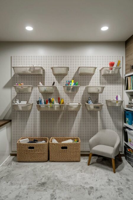 finished basement with a pegboard and baskets for storage