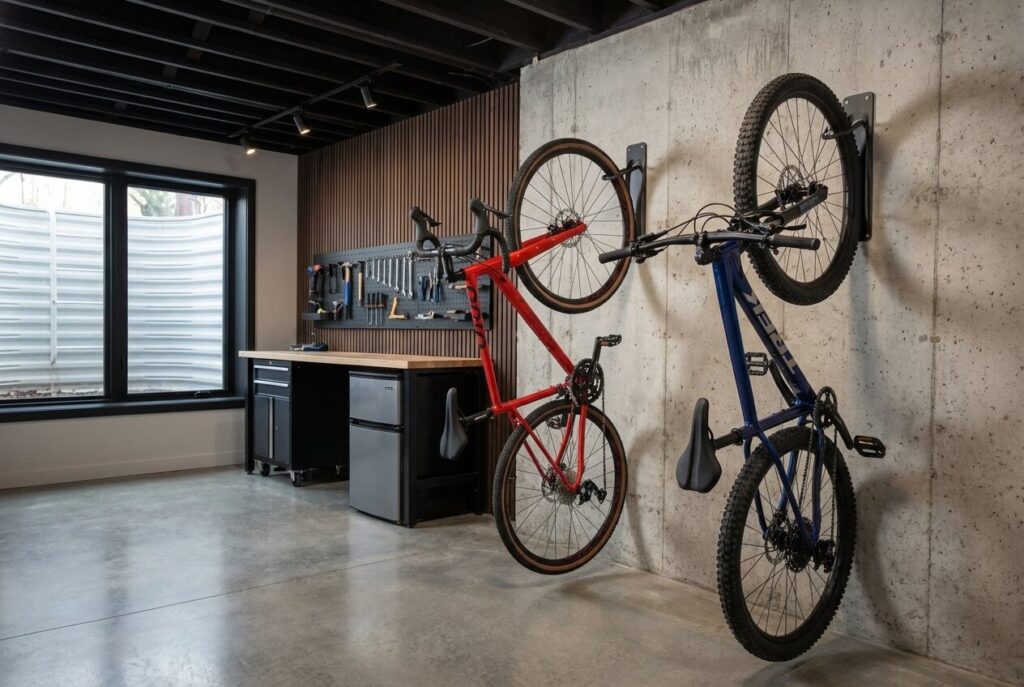finished basement (industrial style) with an egress window and two bikes on the vertical wall racks