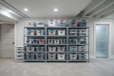 Basement storage ideas. Finished basement with clear storage containers on the shelving units.