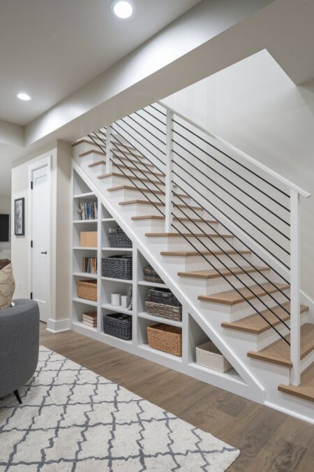 finished basement with under-stair cubbies for storing items