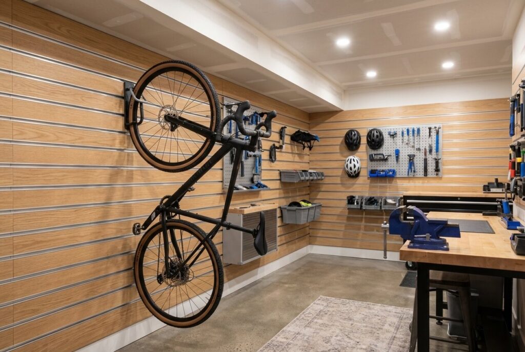finished basement workshop with slatwall panels and a bike on the vertical wall rack