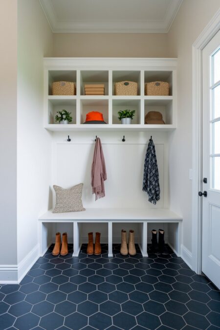 floating mudroom storage cubbies with woven baskets and decor