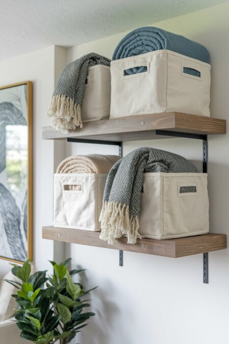 floating shelves with canvas cubes for blanket storage