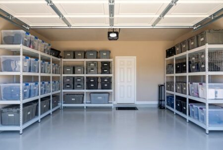 garage storage ideas, shelving units with storage containers