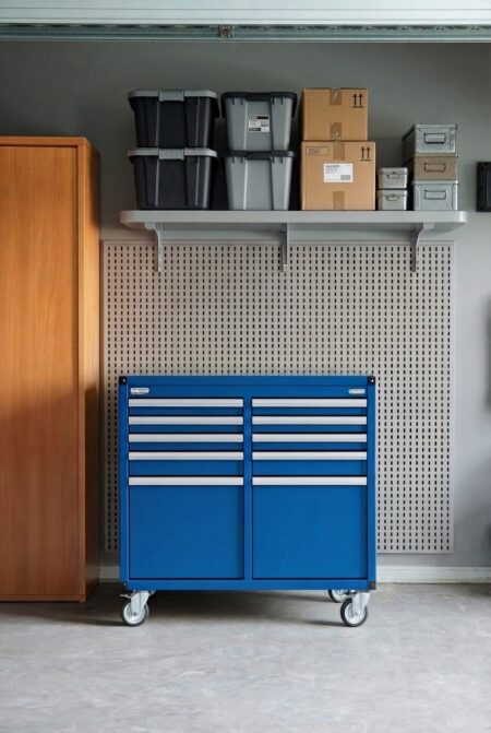 garage with a blue rolling tool chest and floating shelf