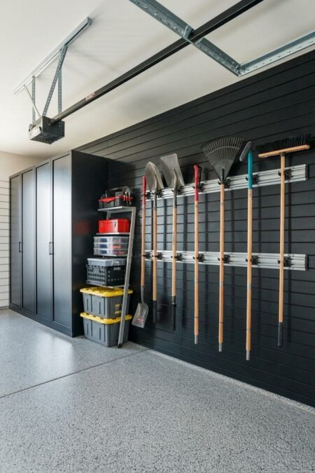 garage with a wall-mounted track system for long-handled tools