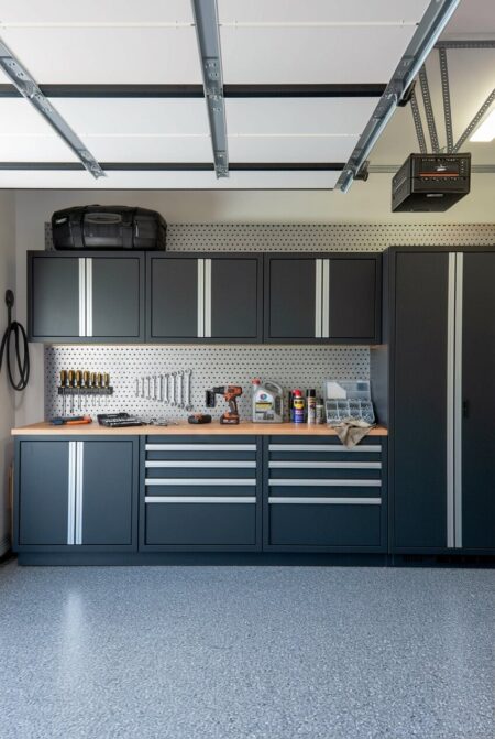 garage with industrial grade modular cabinetry