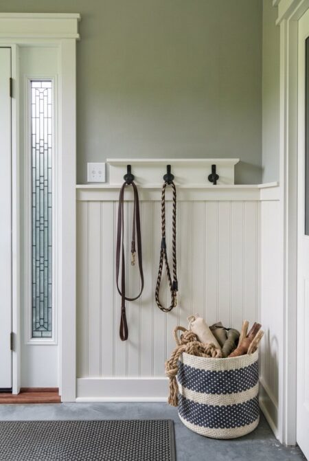 hooks for dog leashes and harnesses and a bin for outdoor toys within the mudroom