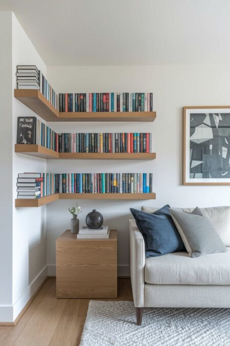 L-shaped floating corner shelves with books in the living room