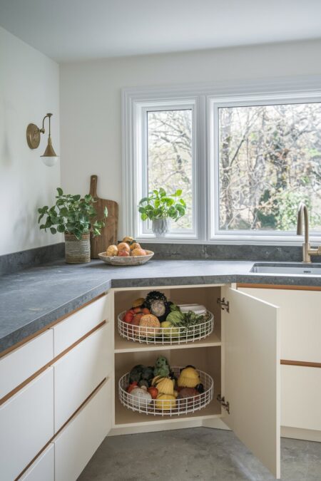 Lazy Susan in the corner cabinet of the modern kitchen