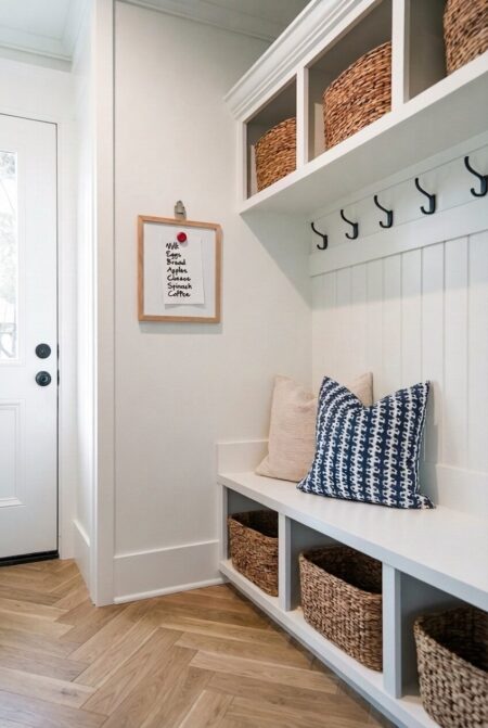 light mudroom with a small magnetic whiteboard for leaving messages