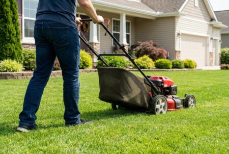 A man mows the lawn with a red lawn mower. Outdoor side hustle.